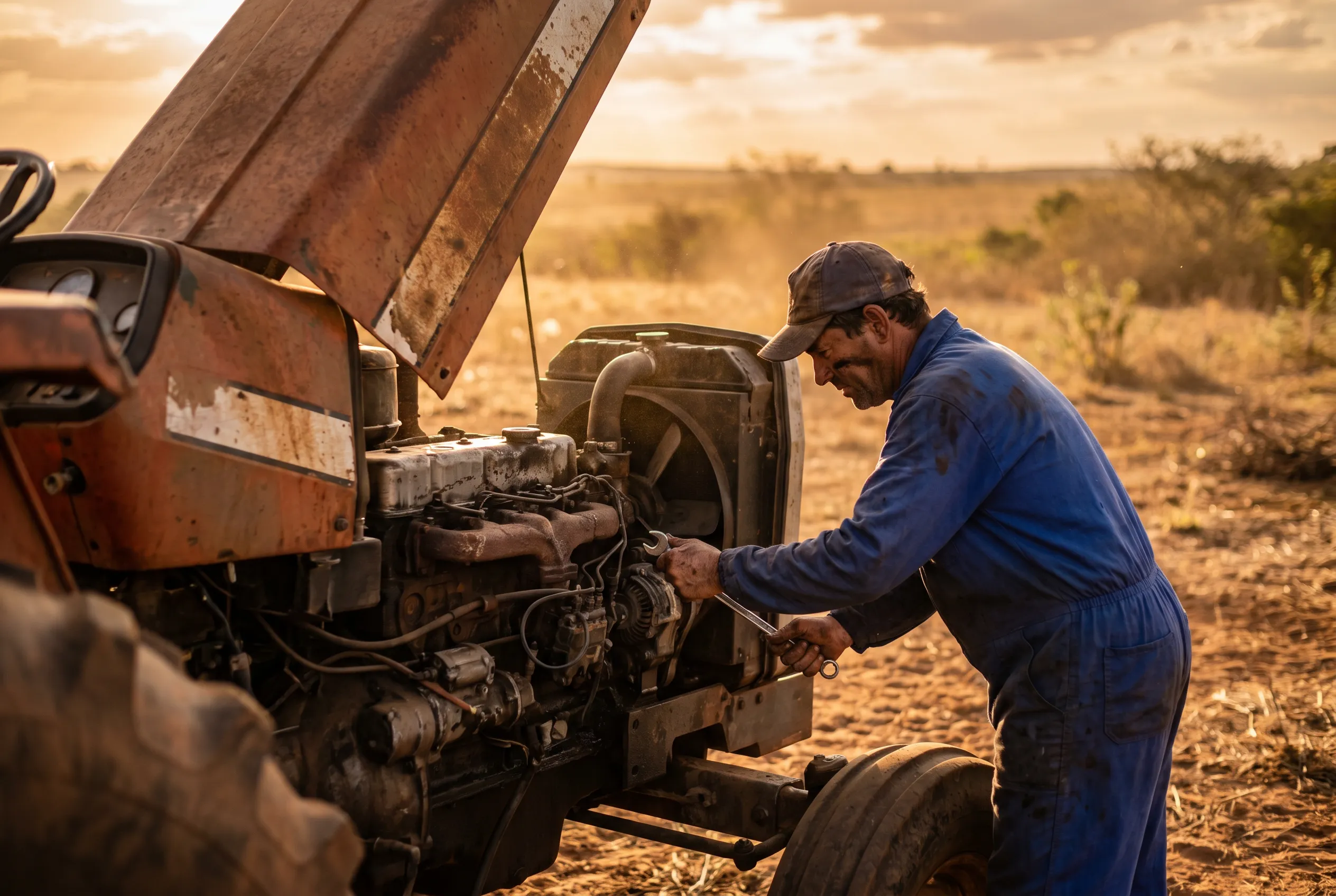 Mecânico fazendo manutenção no motor de um trator agrícola na propriedade rural.