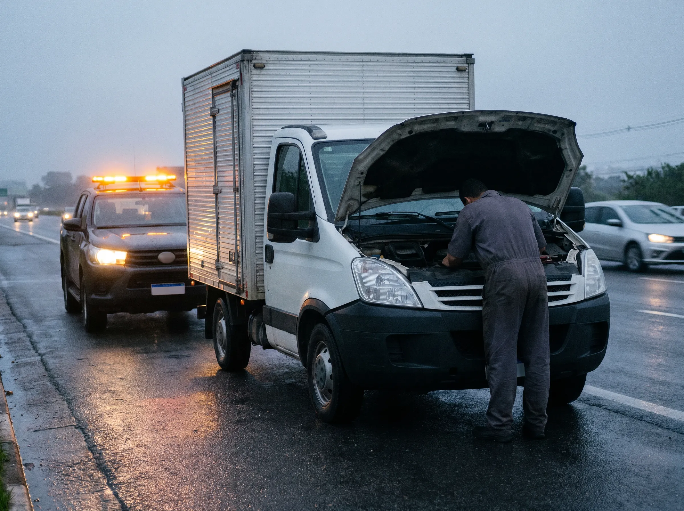 Equipe de socorro atendendo um caminhão parado no acostamento da rodovia, com veículo de apoio e giroflex ligado.